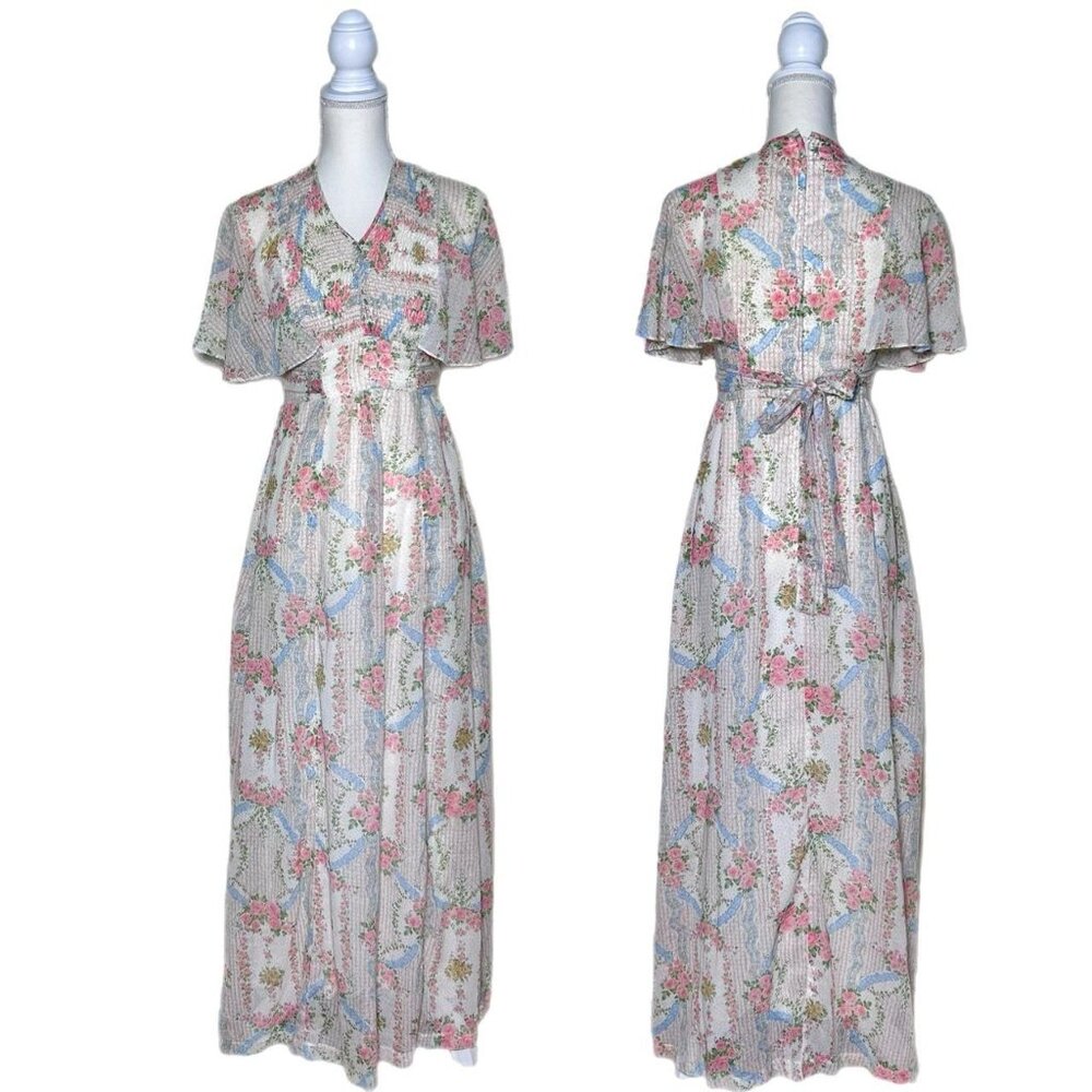 Vintage 70’s White w/ Pink Floral Prairie Cottagecore Maxi Dress
